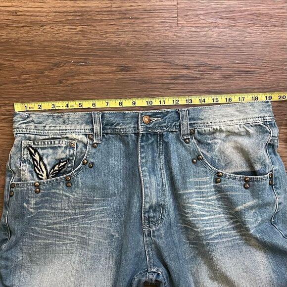 Vintage AKOO Faded Distressed Jeans Embroidered Feather Leaf Pocket Detail 38 - Picture 7 of 16